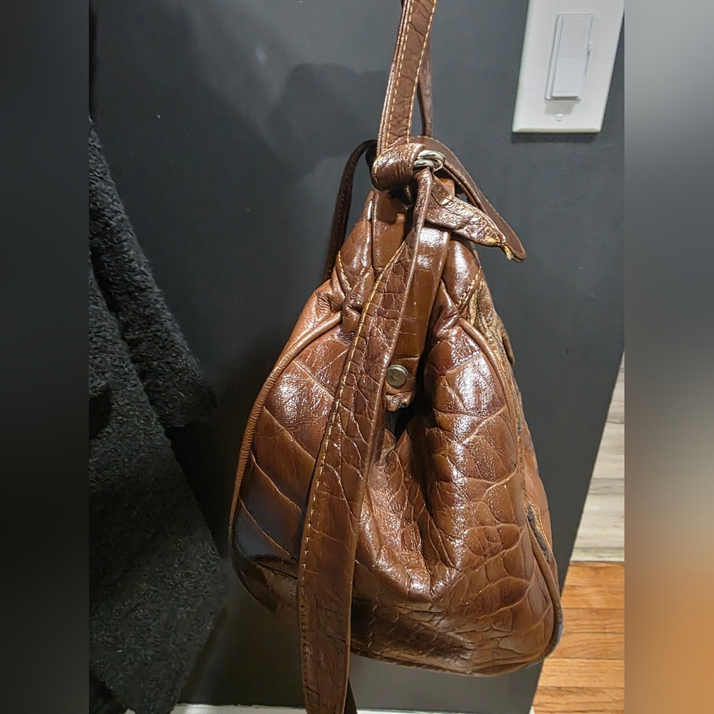 Vtg Brown Patchwork Croc Embossed Shoulder Bag 15… - image 3